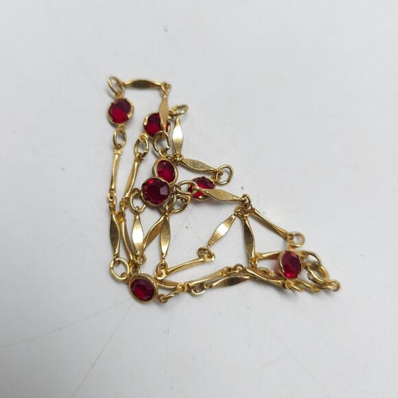 Vintage Gold Tone Station Necklace With Red Crystal Accents 19 in - Picture 2 of 4